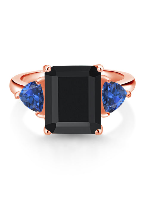 18K Rose Gold Plated Silver Black Onyx Blue Created Sapphire 3 Stone Ring D79232
