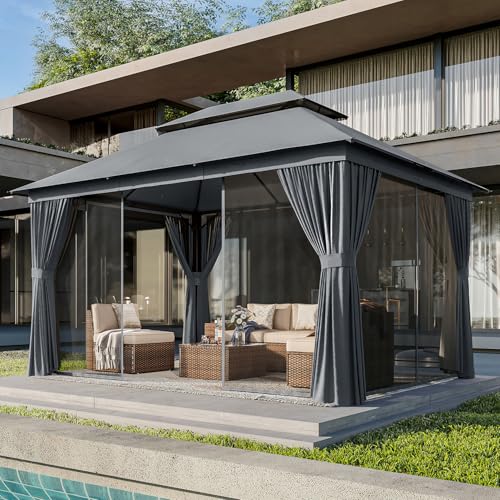 10x12 Metal Gazebo with Mosquito Netting and Privacy Screen O5380