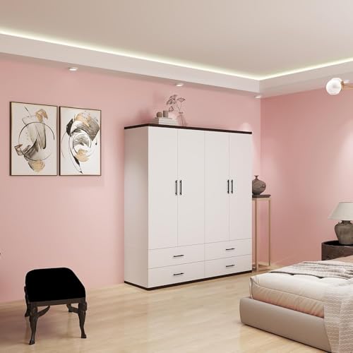 White 4 Door Wood Armoire Wardrobe with 2 Hanging Rods and 2 Drawers U8458