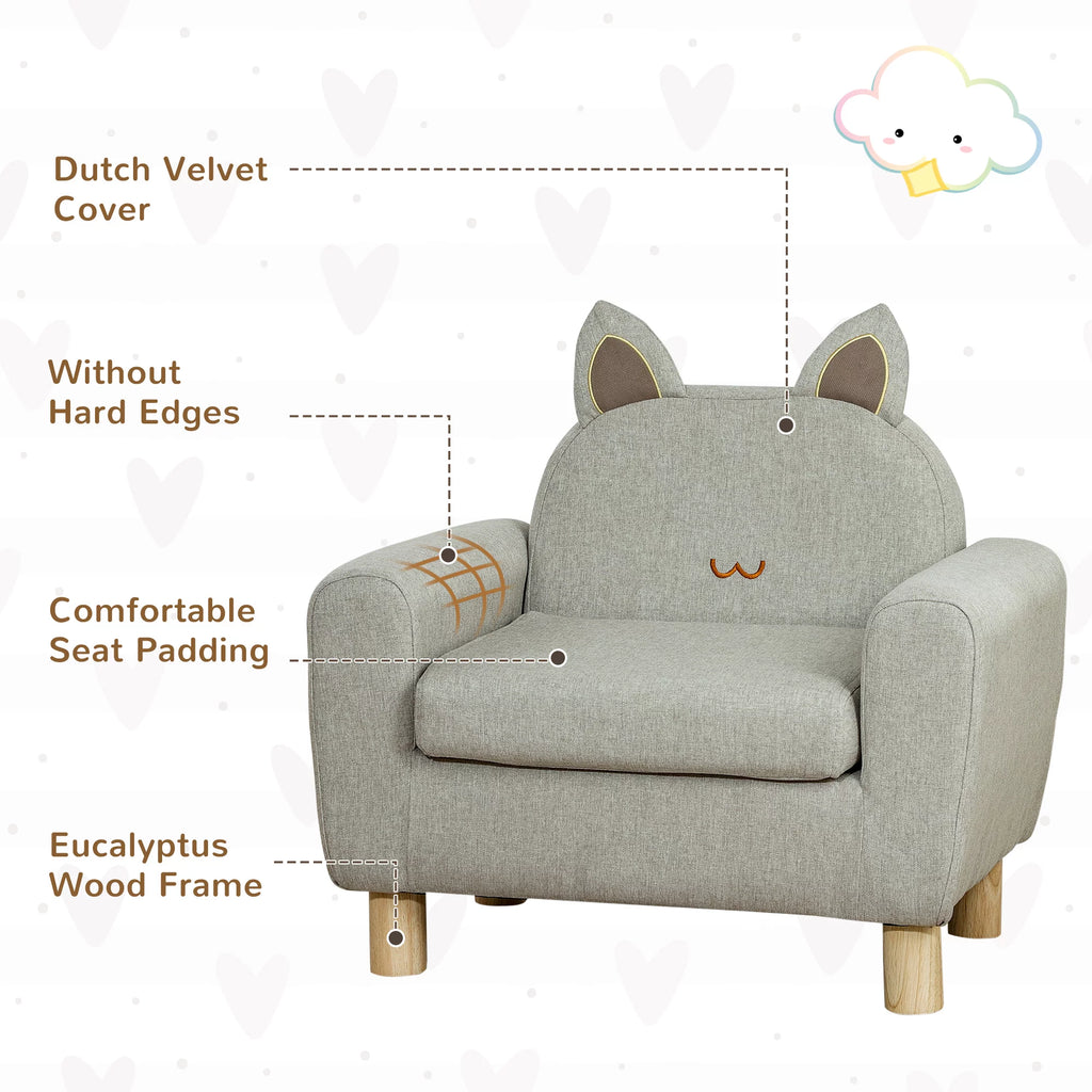 Grey Kids Sofa with Cat Ear Backrest and Wooden Legs T4514