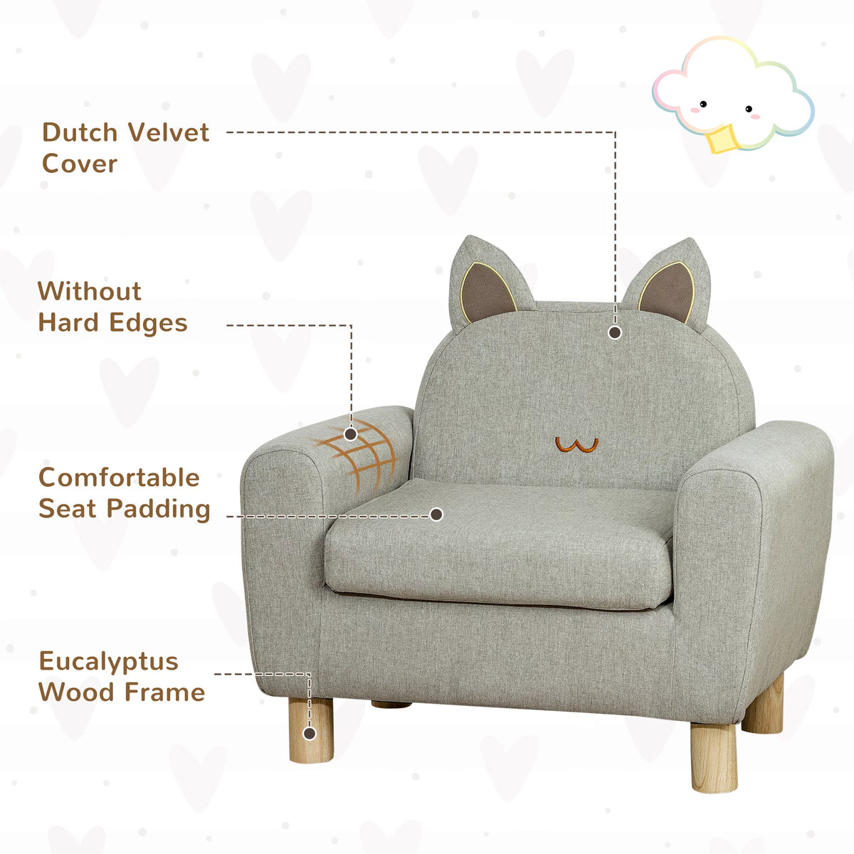 Grey Kids Sofa with Cat Ear Backrest and Wooden Legs T4514