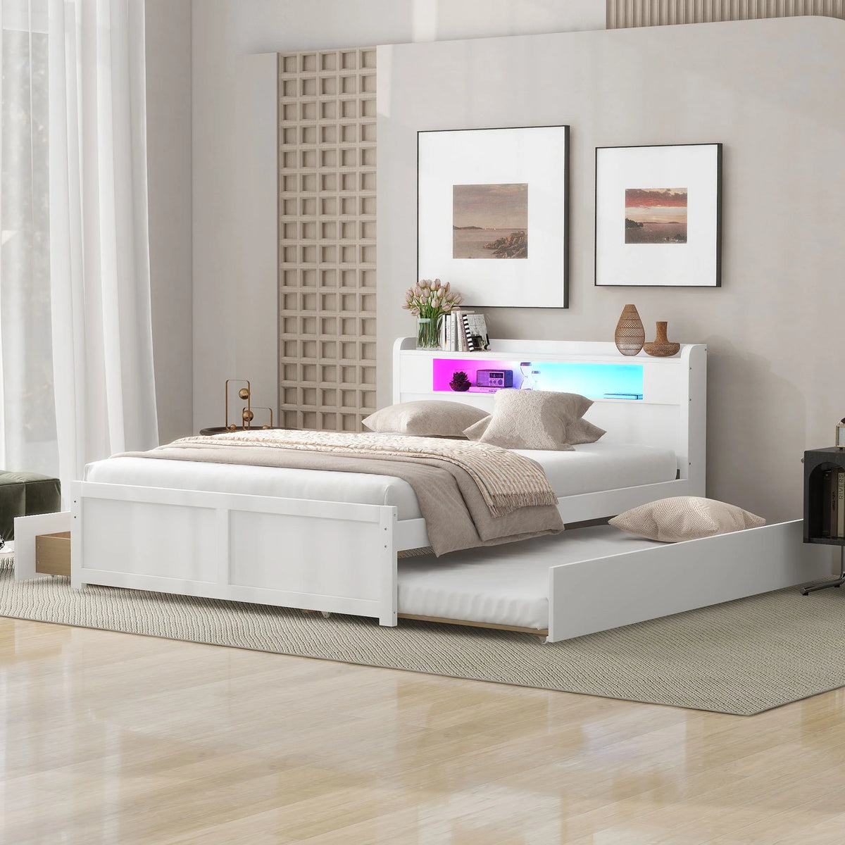 Queen Size White Wood Storage Platform Bed with 2 Drawers and Trundle L789197