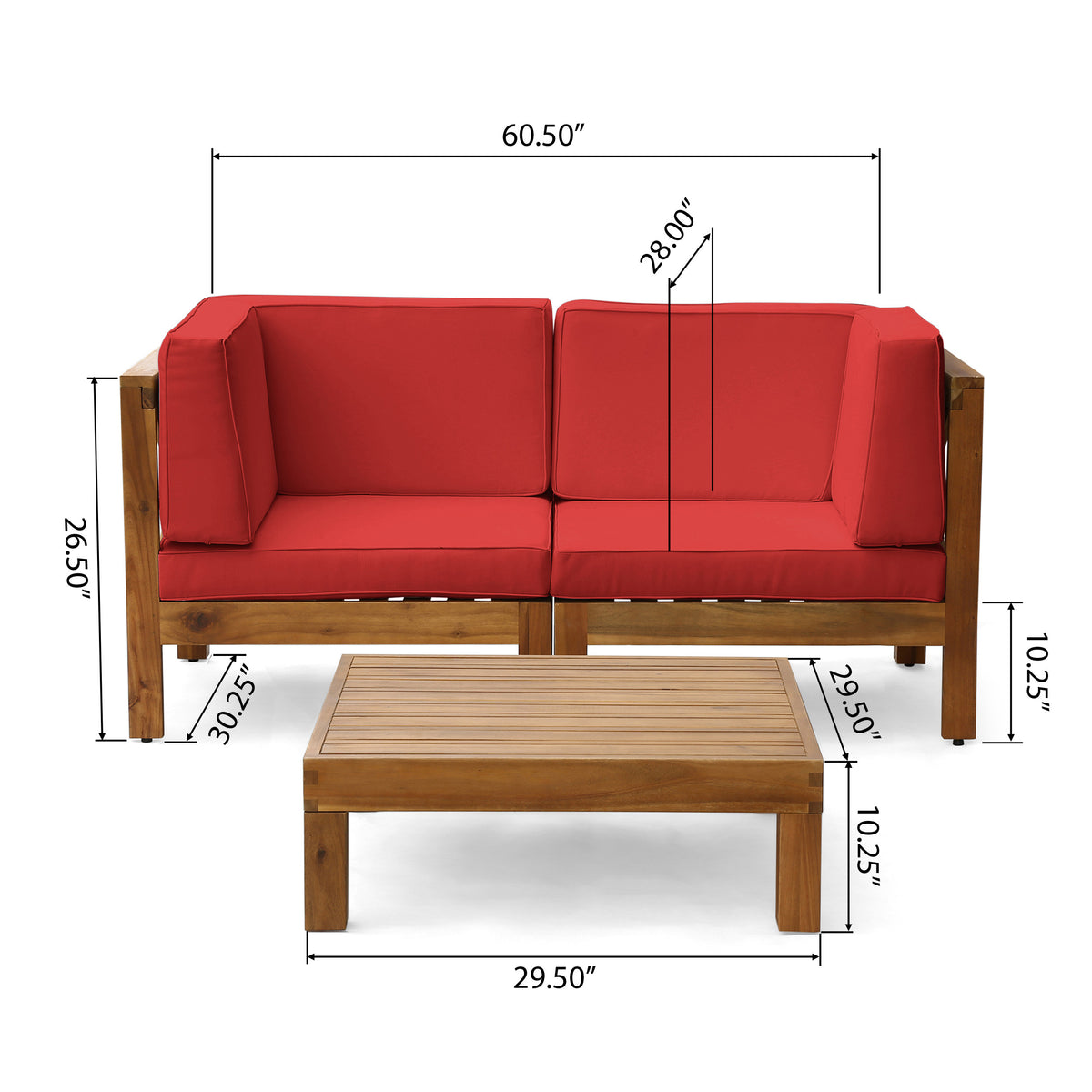 Brown Acacia Wood Sectional Loveseat with Coffee Table O5873