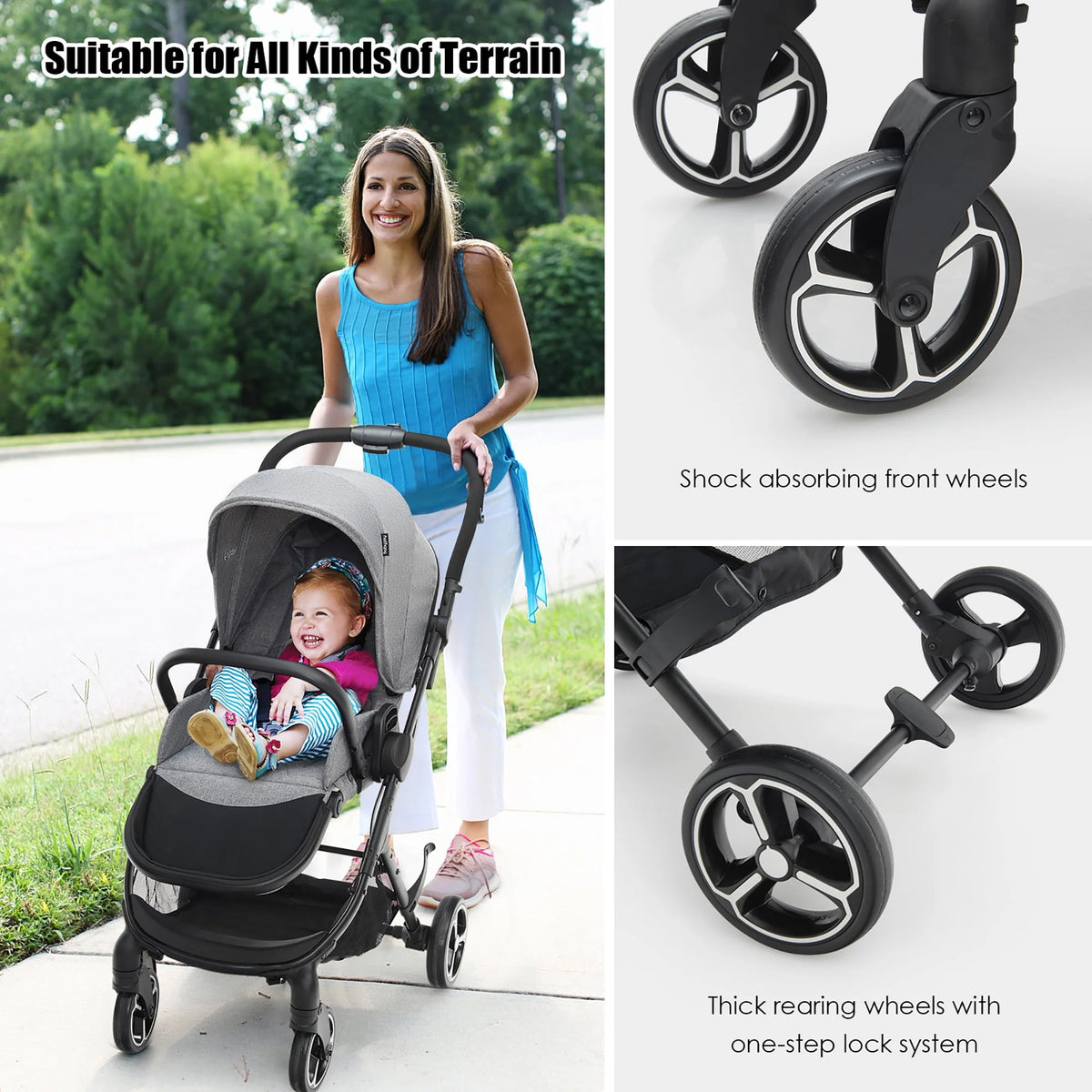 Foldable Baby Stroller with Reversible Reclining Seat Gray Q64213