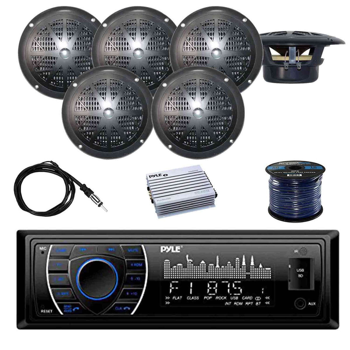 Marine Bluetooth Receiver Stereo with Waterproof Stereo Speakers, 4 Channel Marine Amp, Marine Antenna, 50 Foot Speaker Wire F5431