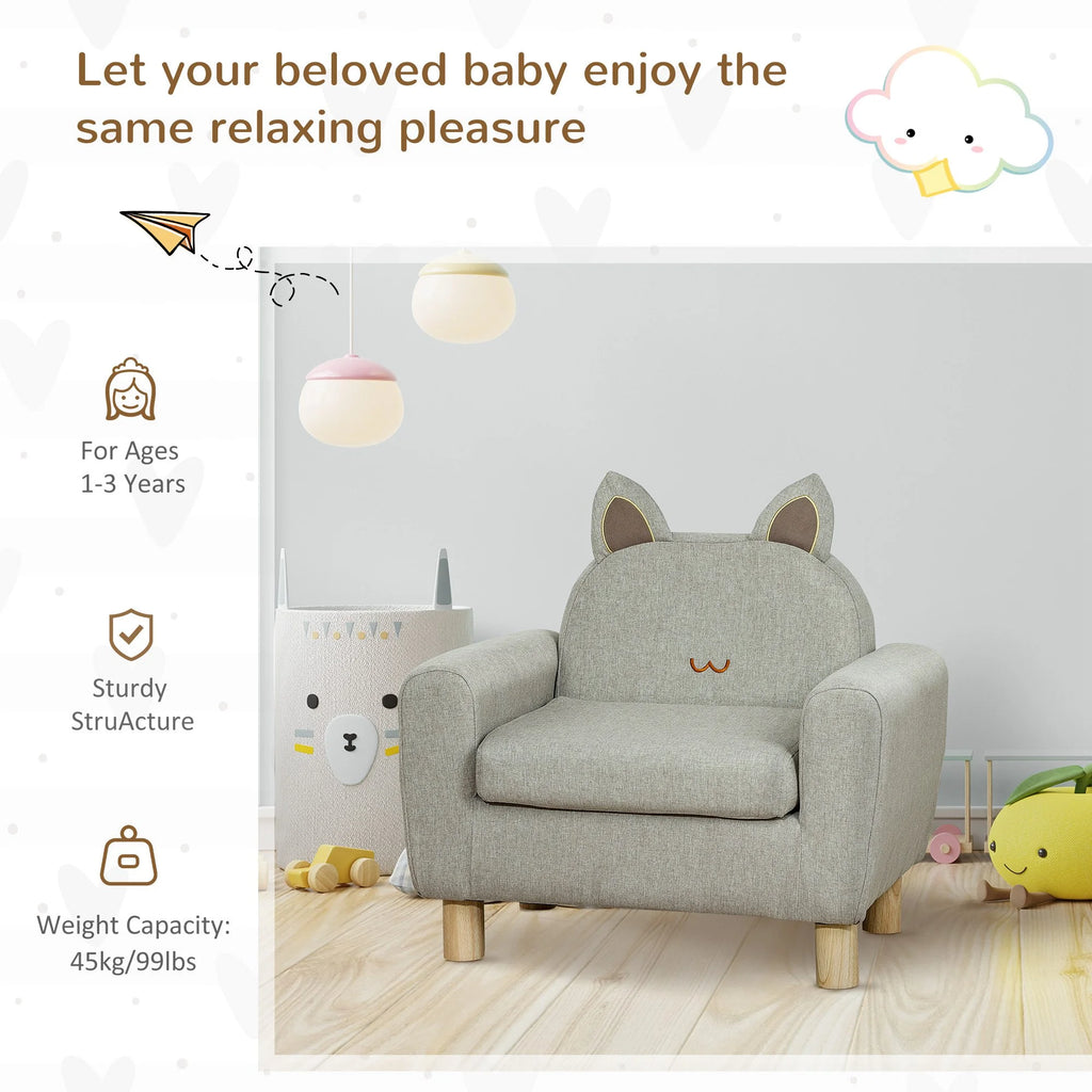 Grey Kids Sofa with Cat Ear Backrest and Wooden Legs T4514