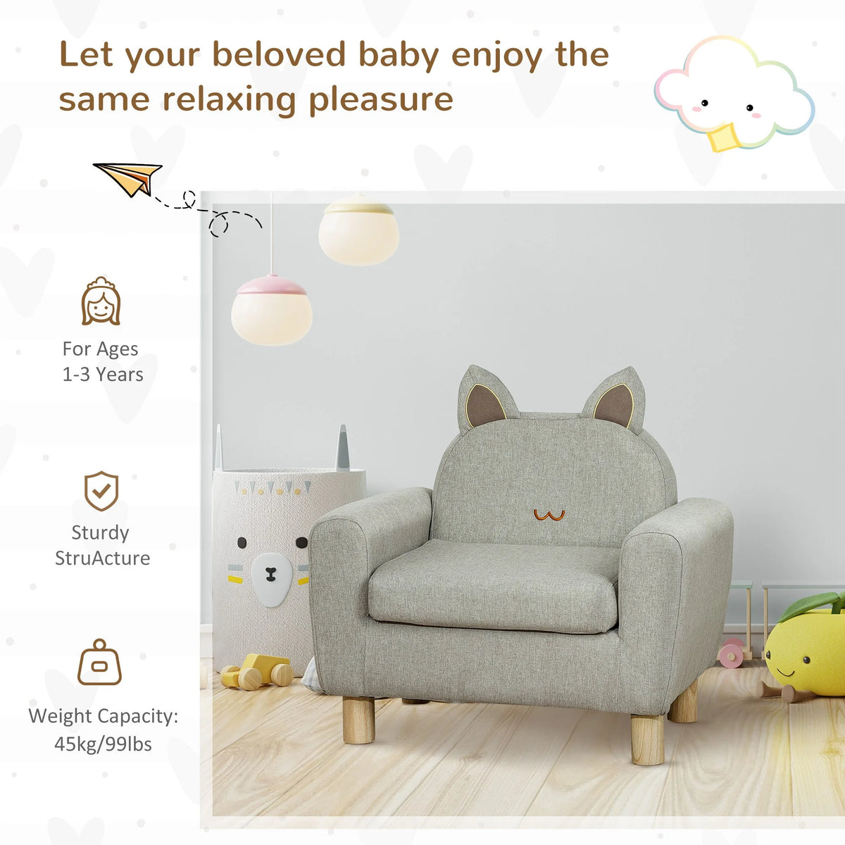 Grey Kids Sofa with Cat Ear Backrest and Wooden Legs T4514
