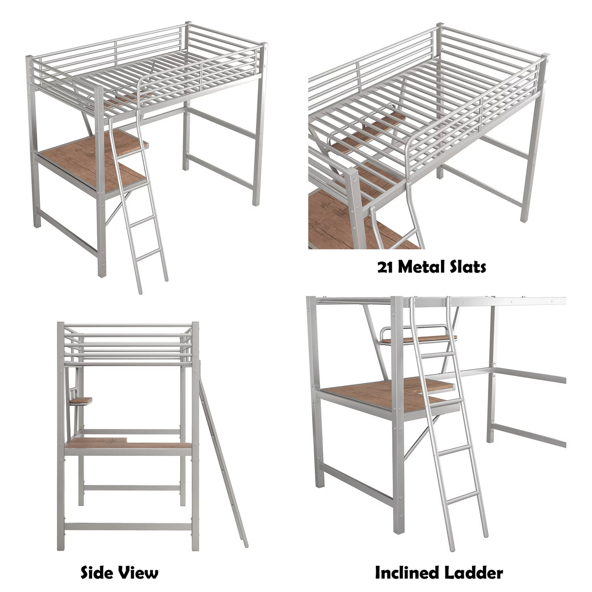 Twin Size Metal Loft Bed with Desk and Storage Shelf X305
