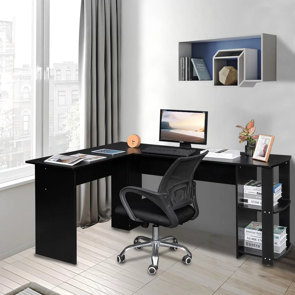 L Shaped Wood Corner Desk with Bookshelves I34616