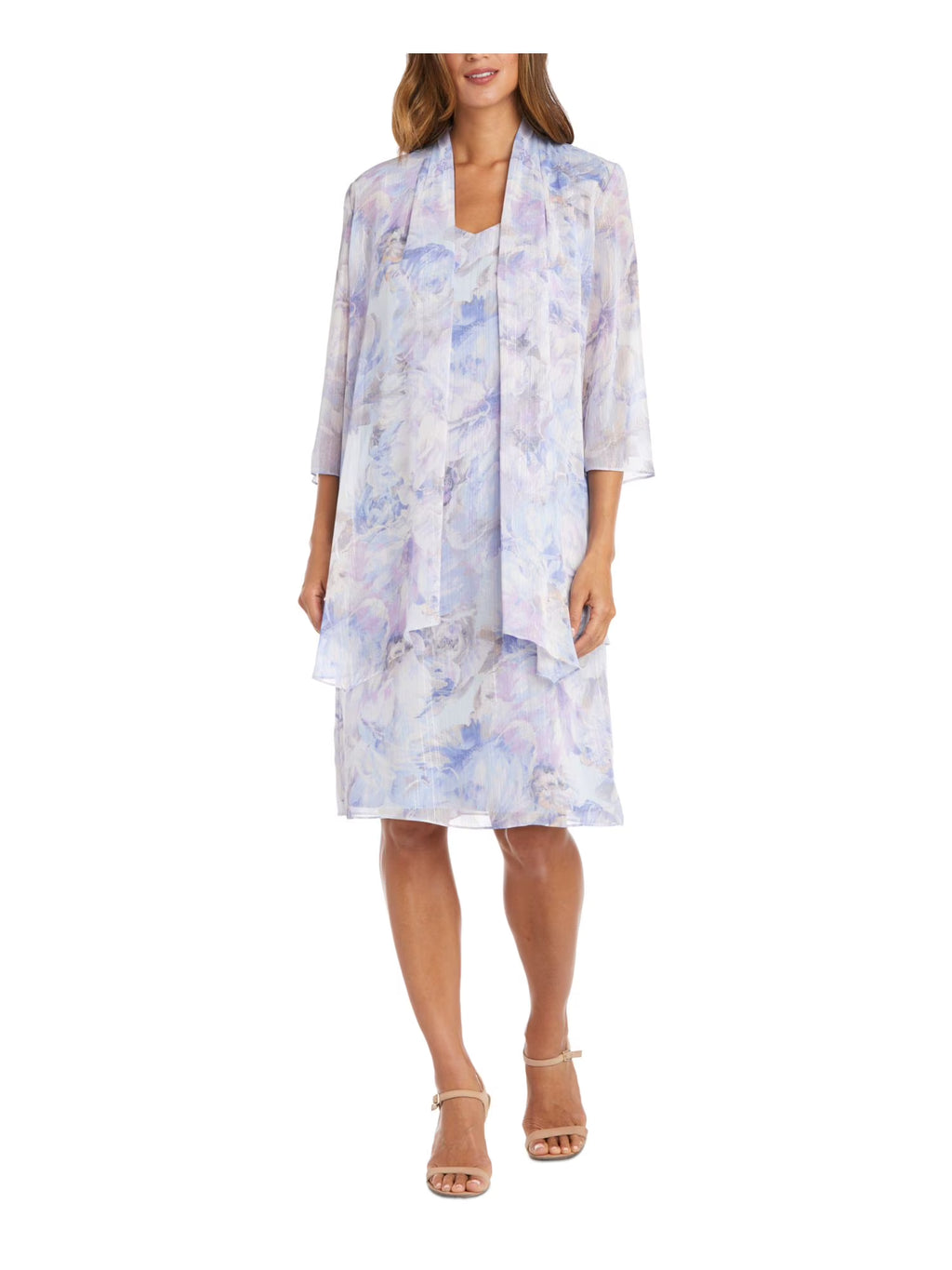 Light Blue Sheer Floral Sleeveless Sweetheart Neckline Knee Length Shift Dress B4890