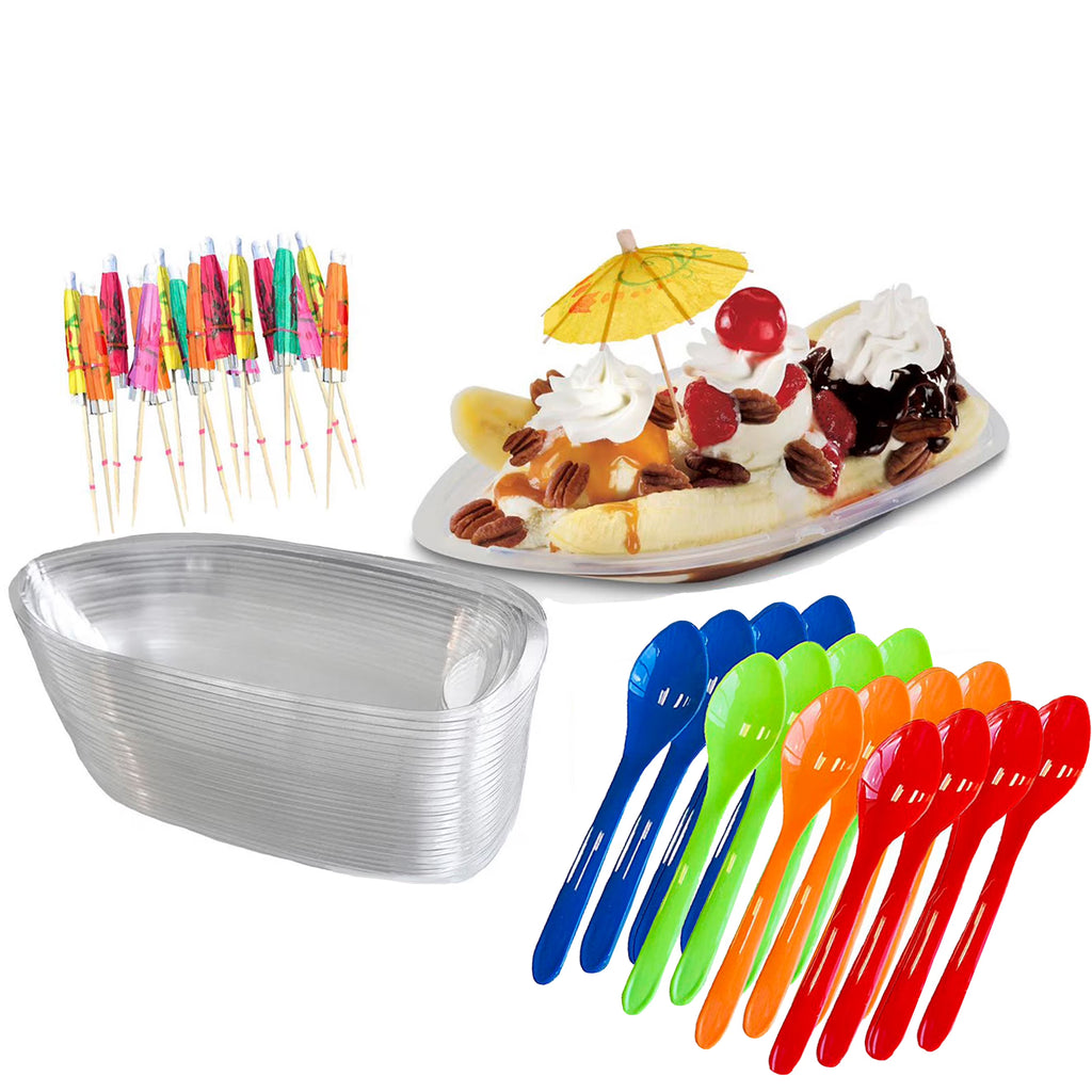 16 Pk Clear Plastic Banana Split Boats with Spoons and Umbrellas N463554
