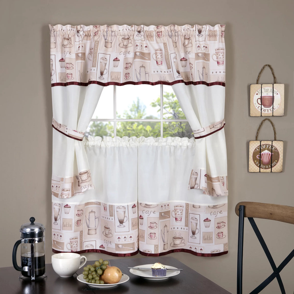 Embellished Kitchen Curtain Cottage Set with Tier Panels, Swag Valance and Tiebacks Q1363