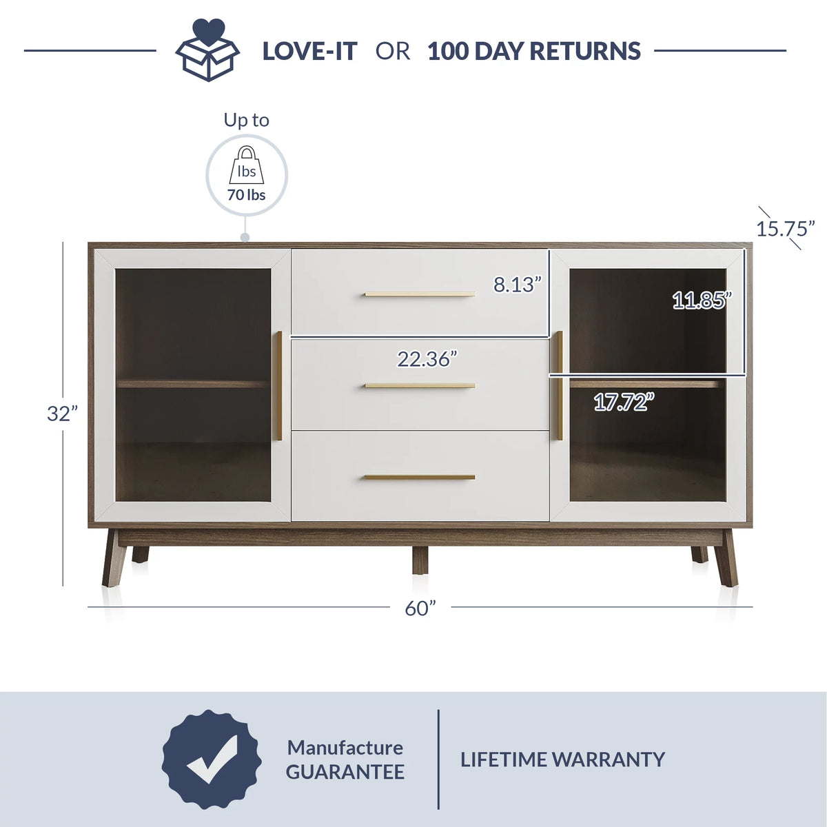 White Sideboard Buffet Cabinet with 3 Drawers & 2 Doors Y655701