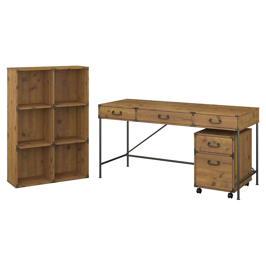 Golden Pine Writing Desk with Organizer and Cabinet O123557