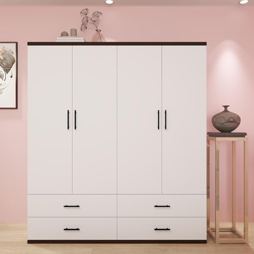 White 4 Door Wood Armoire Wardrobe with 2 Hanging Rods and 2 Drawers U8458