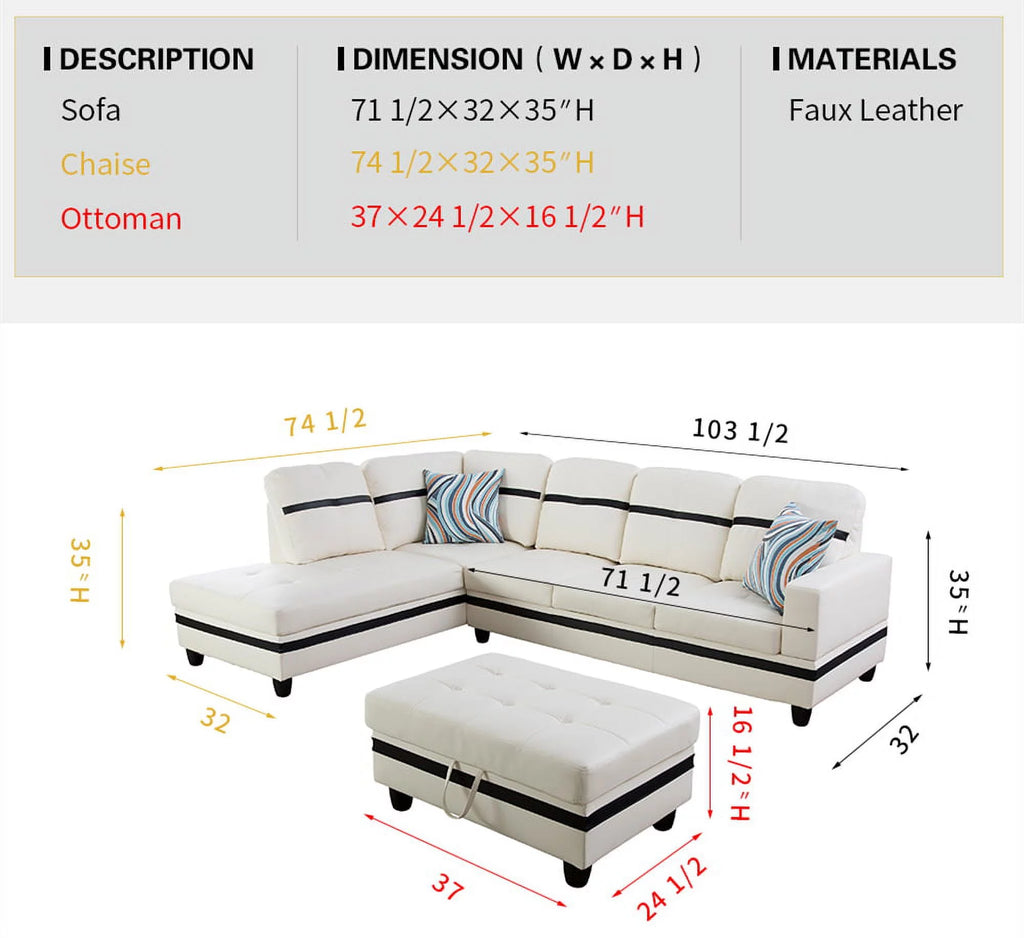 White & Black Faux Leather Sectional with Ottoman F68836