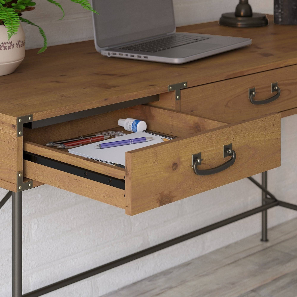 Golden Pine Writing Desk with Organizer and Cabinet O123557