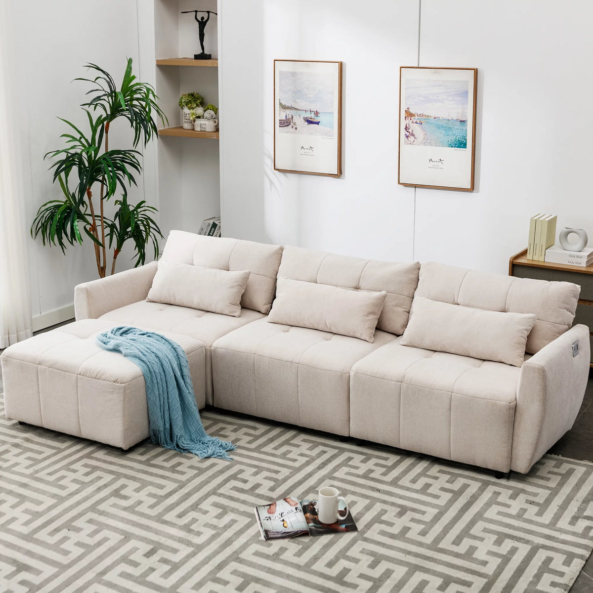 Beige Chenille L Shaped Sectional Sofa with Ottoman A770980