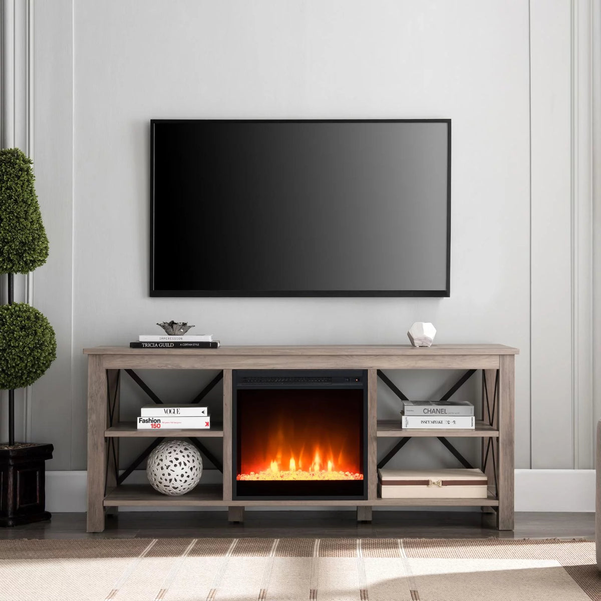 White Oak Electric Fireplace TV Stand with 2 Doors M6004