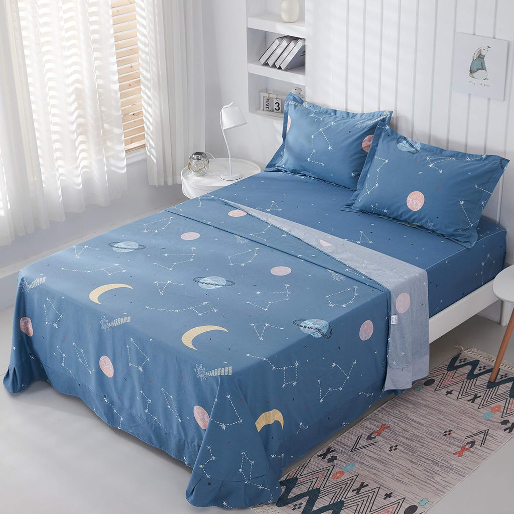White Printed Cotton Bed Sheets, 4 Pcs, Full C42503