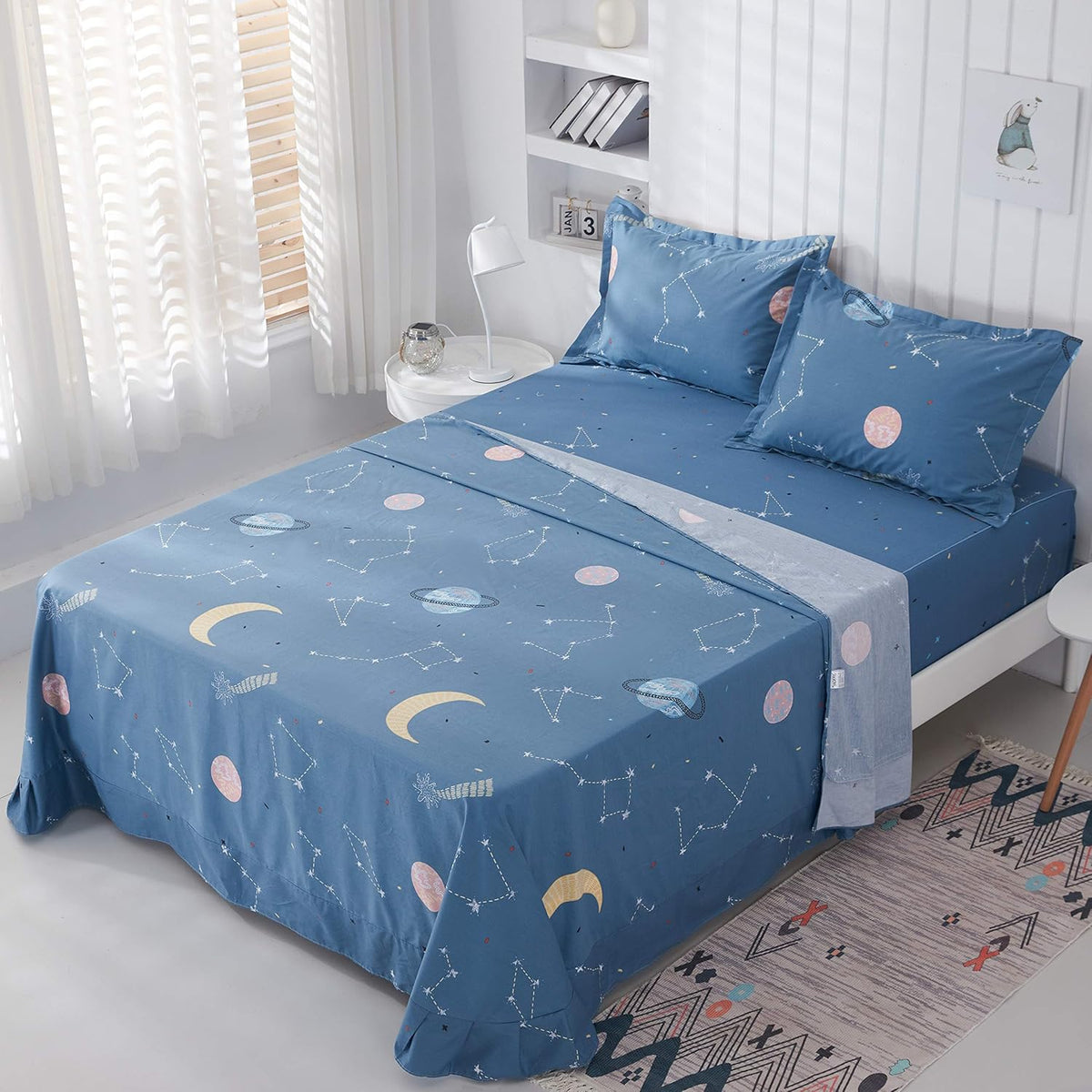 White Printed Cotton Bed Sheets, 4 Pcs, Full C42503
