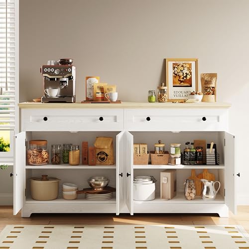 Natural Wood Buffet Cabinet with Drawers and Doors M320991