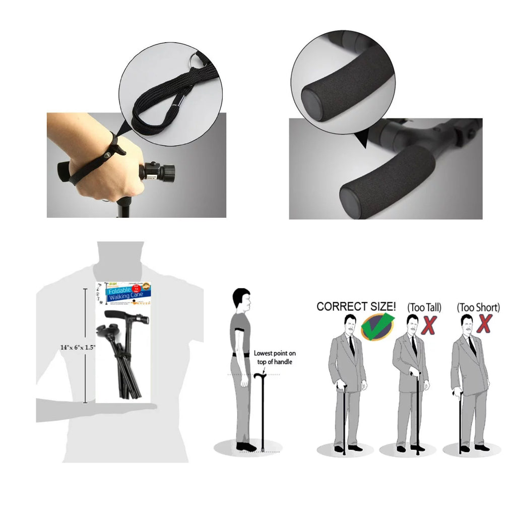 Folding Adjustable Cane with LED Light and Cushion T Handle C84639