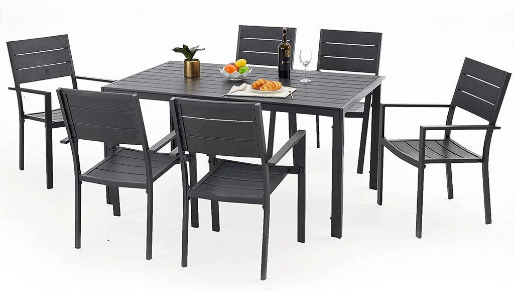 7 Piece Aluminum Outdoor Dining Set with Rectangular Table and 6 Chairs Black Z240184