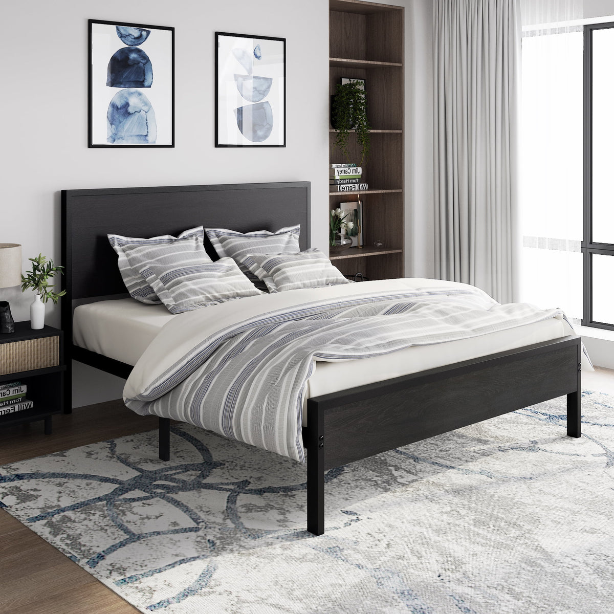 Full Size Heavy Duty Bed Frame with Black Oak Headboard J213894