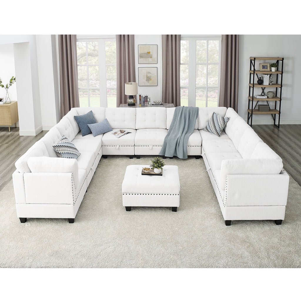 U Shape Modular Sectional Sofa with Seven Single Chair, Four Corner and One Ottoman, Ivory E702115