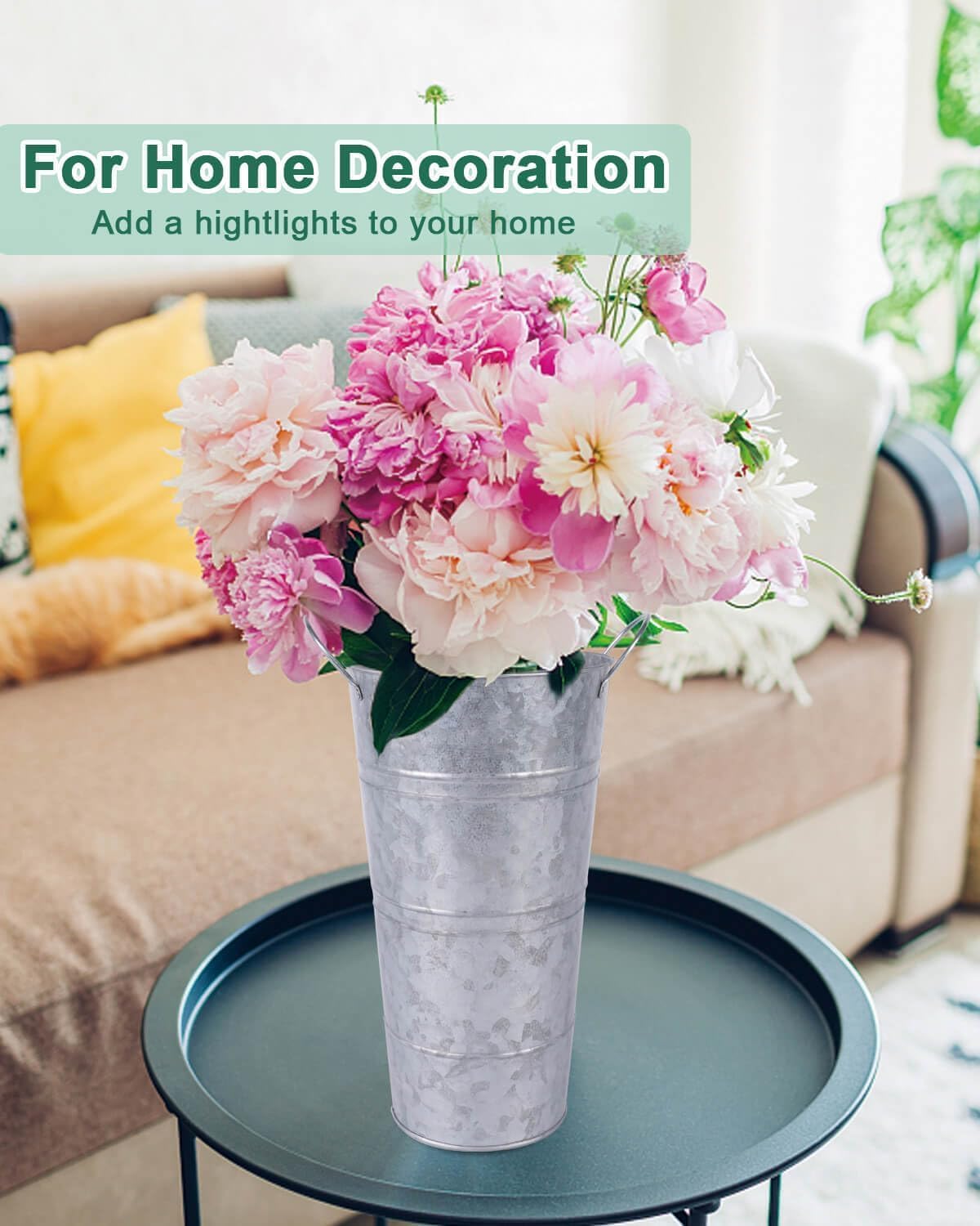 2 Pcs White and 2 Pcs Silver Galvanized Metal Vases with Handles O6773