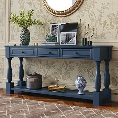 63" Long Console Table with Drawers Navy Blue F850062