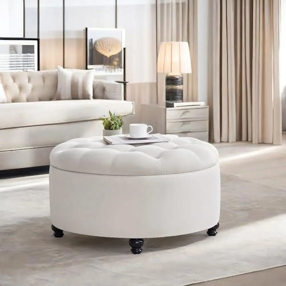 30-Inch Round Button Tufted Upholstered Ottoman with Removeable Top O654