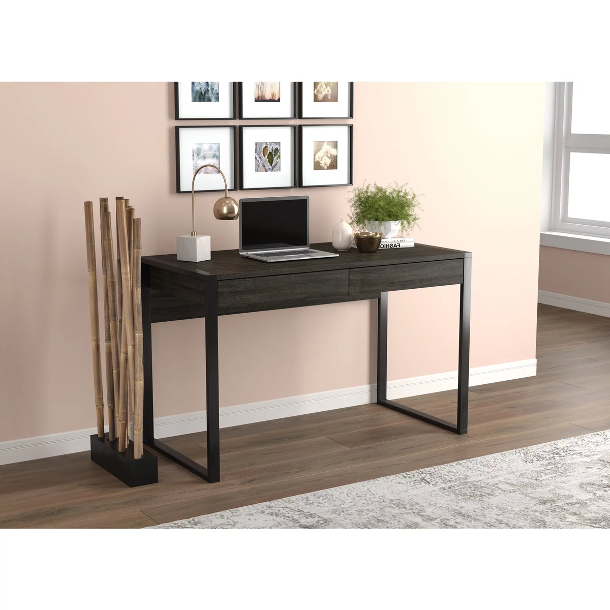 47"L 2-Drawers Black Metal Computer Desk F849