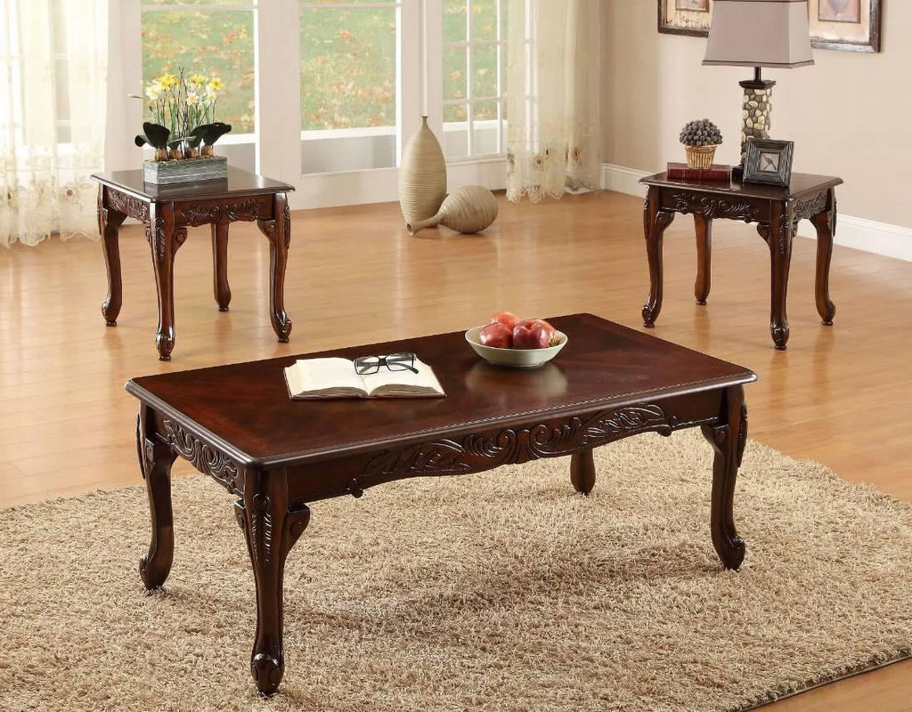 Dark Oak Tempered Glass Top Coffee Table Set 3pcs M2720