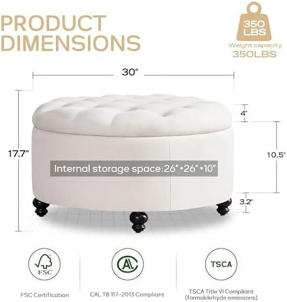 30-Inch Round Button Tufted Upholstered Ottoman with Removeable Top O654