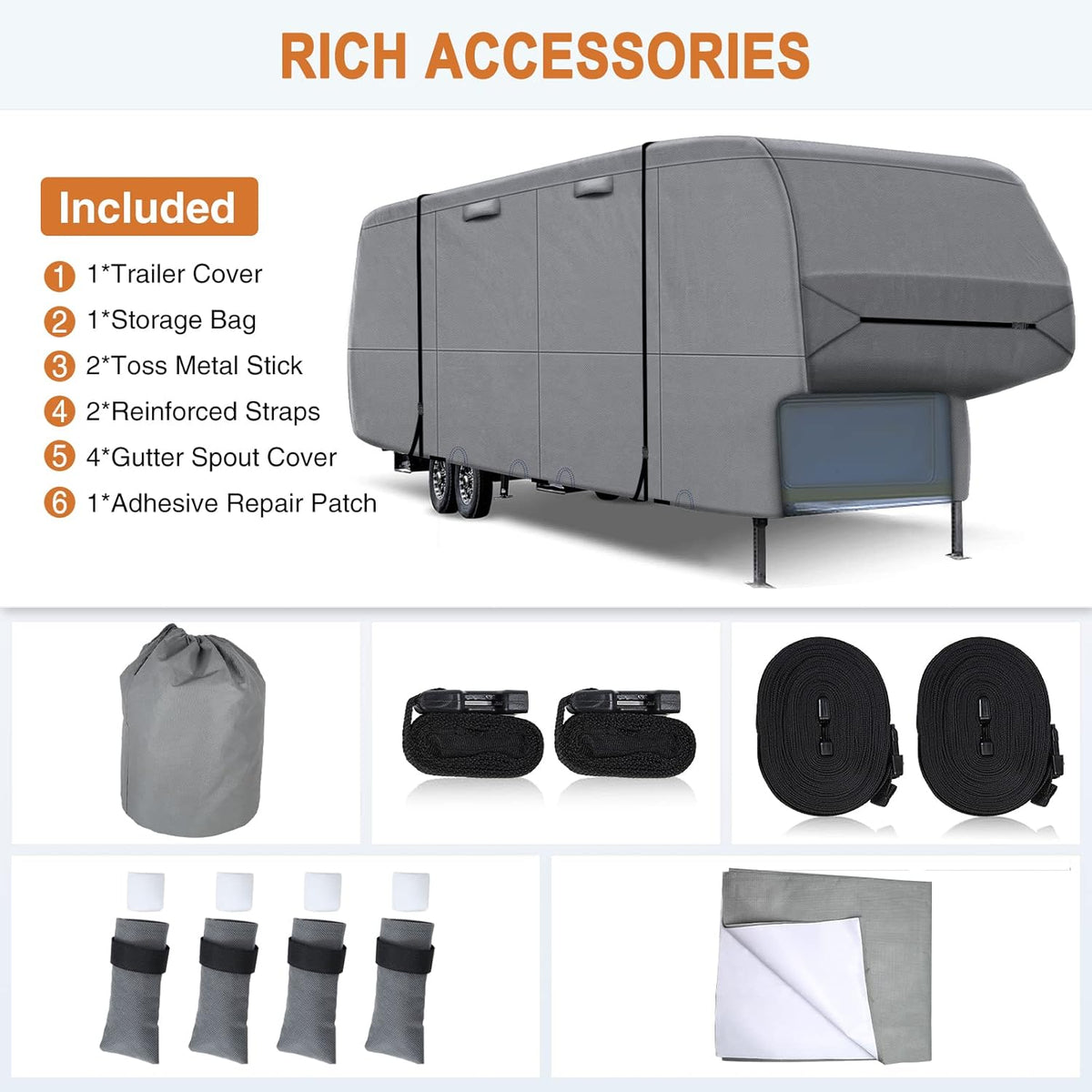 6 Layers Top 5th Wheel RV Cover Anti-UV Camper Cover Breathable Rip-Stop with 2Pcs Extra Straps & Gutter Spout Covers G888