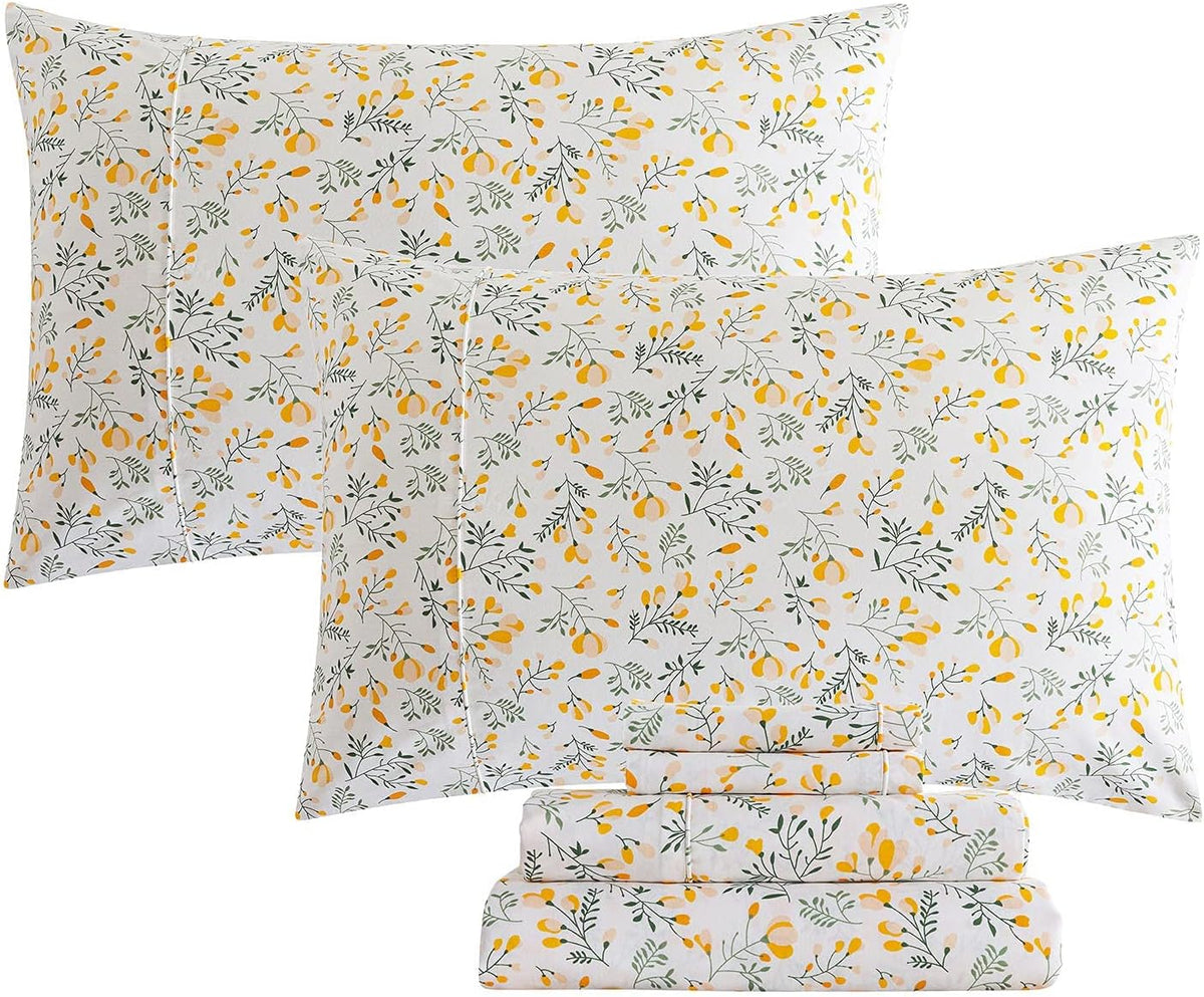 White Printed Cotton Bed Sheets, 4 Pcs, Full C42503