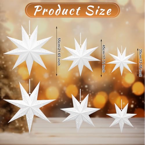 6 Pcs Christmas Paper Star Lanterns with LED Light, 3 Size Z978