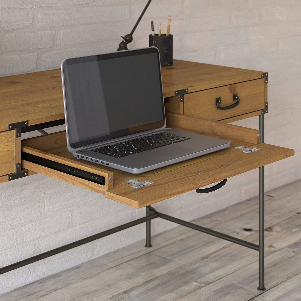 Golden Pine Writing Desk with Organizer and Cabinet O123557