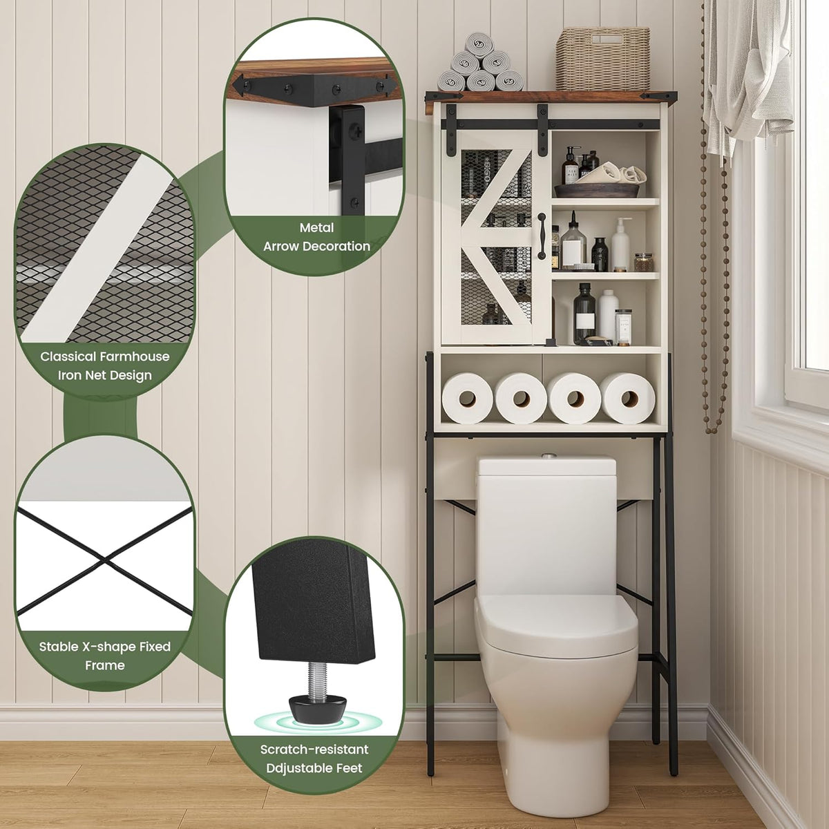 Off-White Over The Toilet Storage Cabinet with Adjustable Shelves and Barn Door C24418