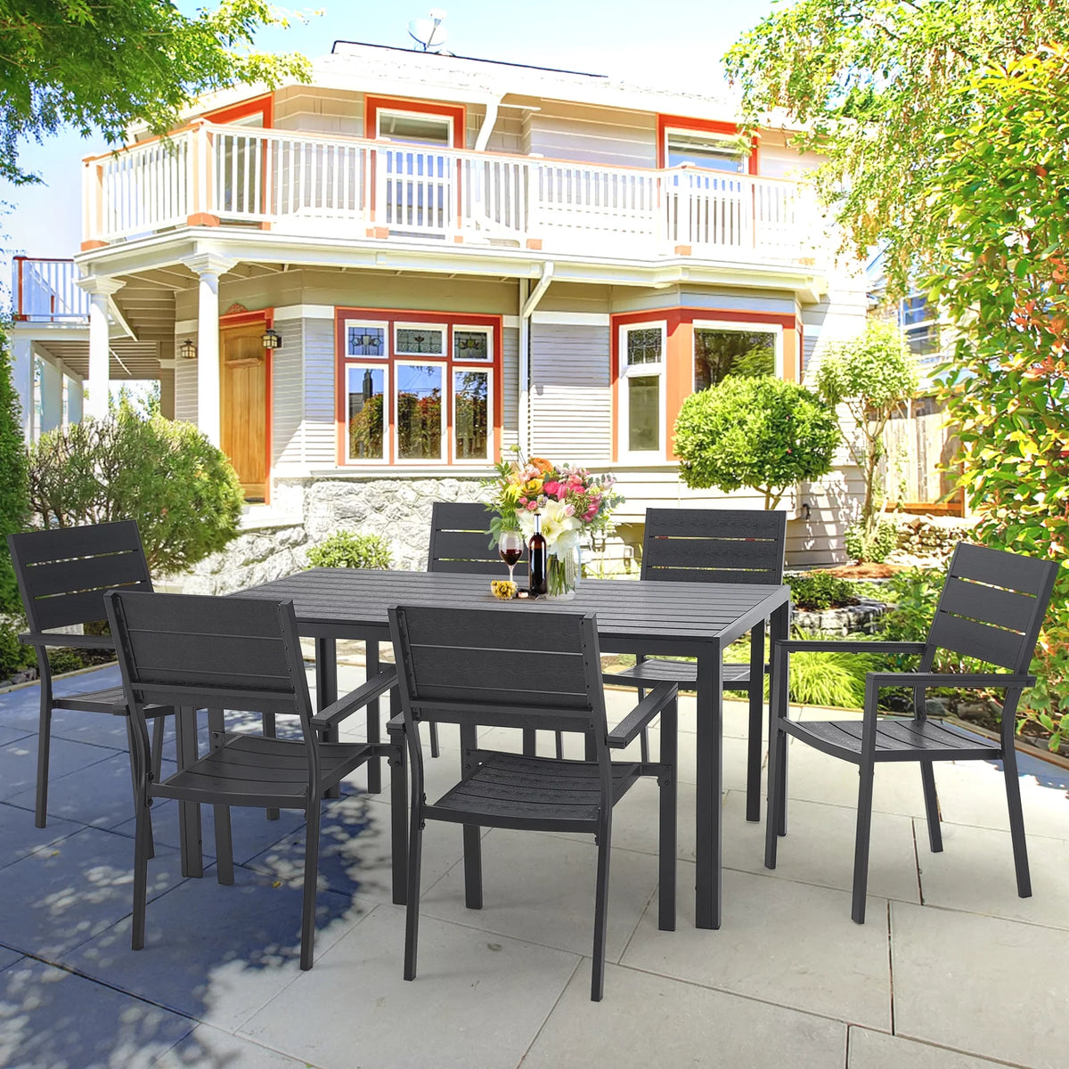 7 Piece Aluminum Outdoor Dining Set with Rectangular Table and 6 Chairs Black Z240184