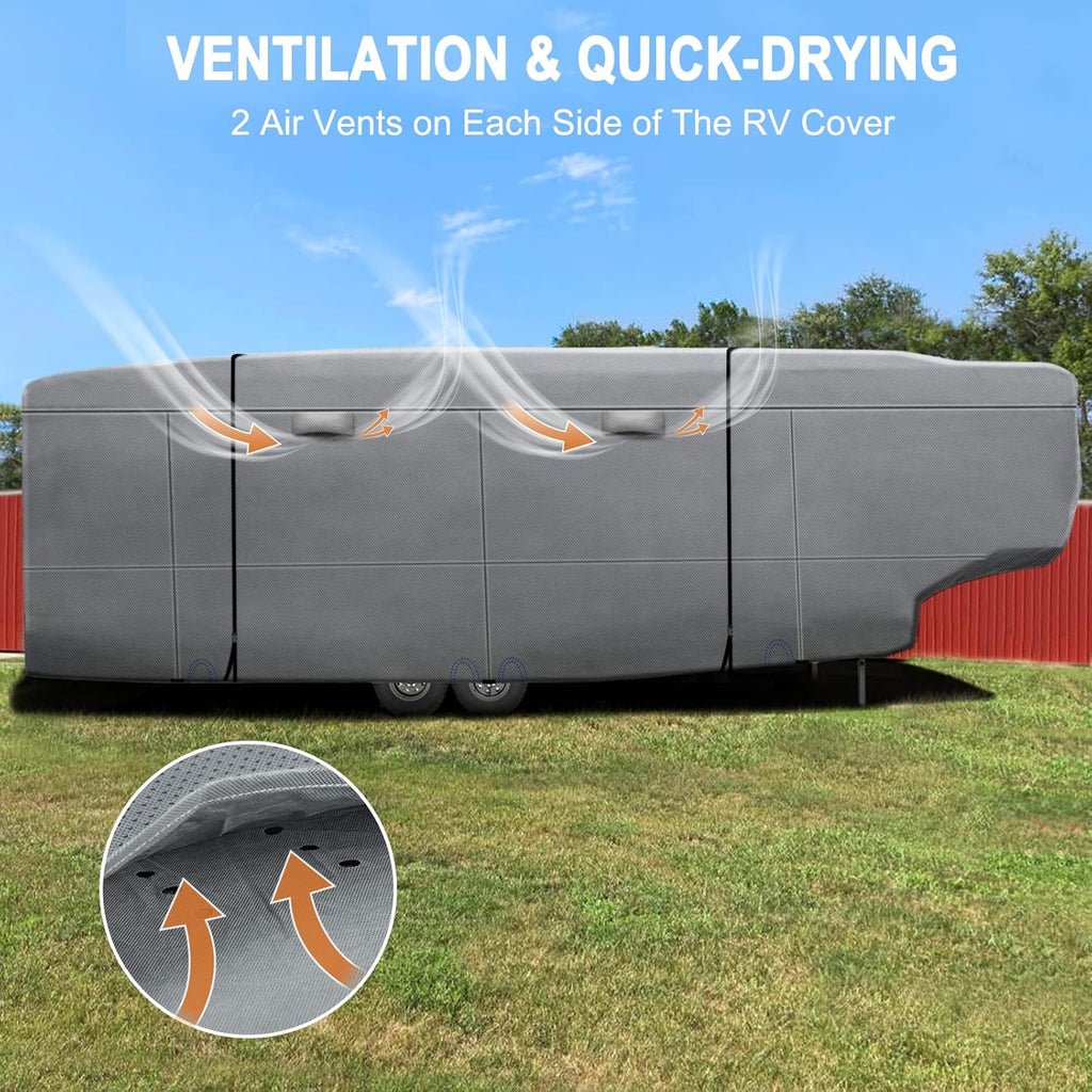 6 Layers Top 5th Wheel RV Cover Anti-UV Camper Cover Breathable Rip-Stop with 2Pcs Extra Straps & Gutter Spout Covers G888