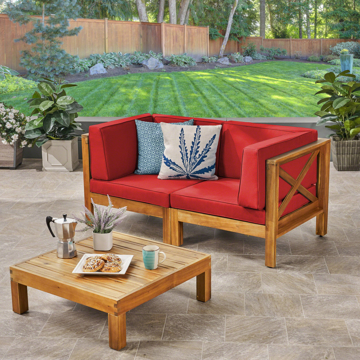 Brown Acacia Wood Sectional Loveseat with Coffee Table O5873