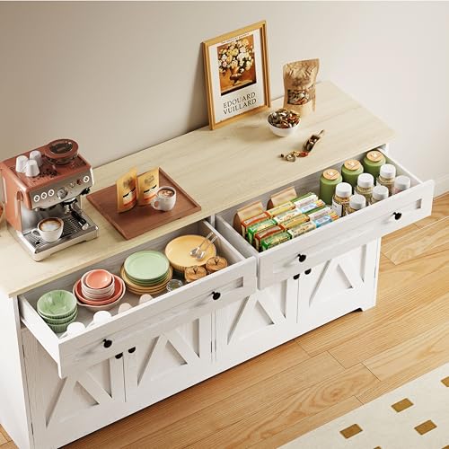 Natural Wood Buffet Cabinet with Drawers and Doors M320991