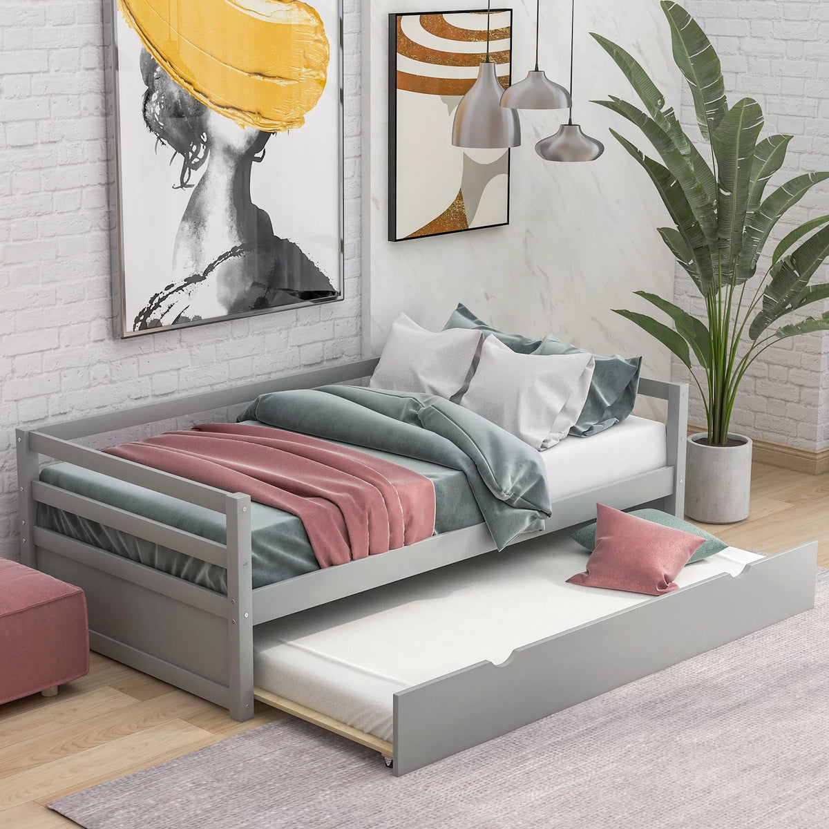 Twin Daybed with Trundle Frame Set Grey L165