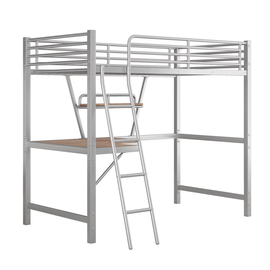 Twin Size Metal Loft Bed with Desk and Storage Shelf X305