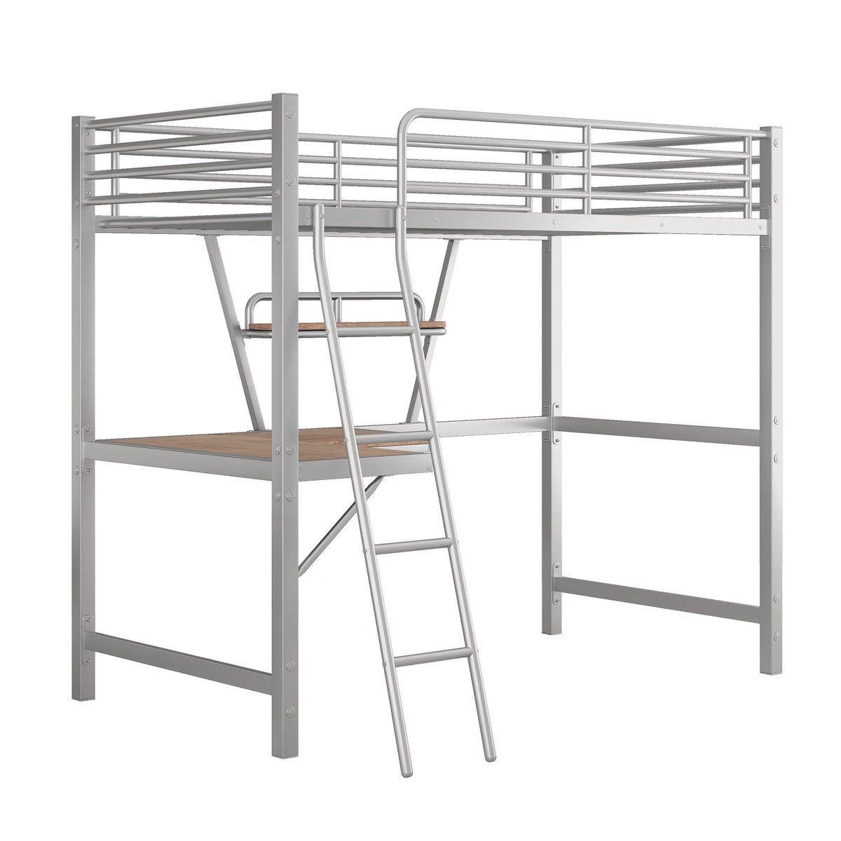 Twin Size Metal Loft Bed with Desk and Storage Shelf X305