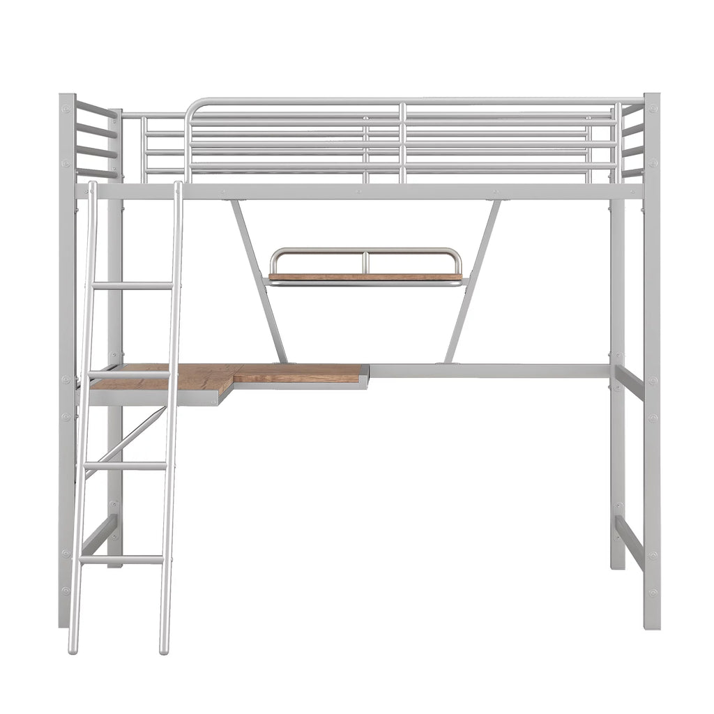 Twin Size Metal Loft Bed with Desk and Storage Shelf X305