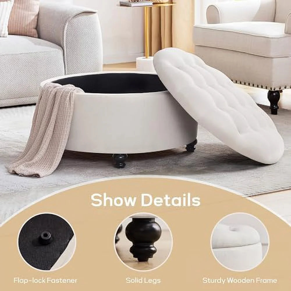 30-Inch Round Button Tufted Upholstered Ottoman with Removeable Top O654